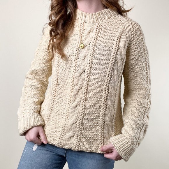 Vintage Handmade 100% Wool Cable Knit Oversized Sweater Chunky Cozy Aran Preppy - Picture 1 of 8